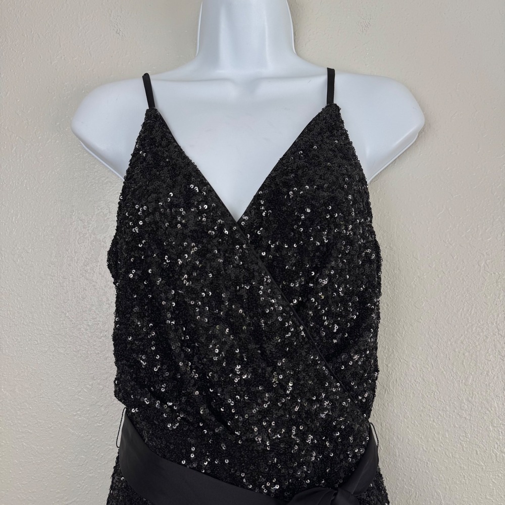 Express Black Sequin Jumpsuit Wide Leg Wrap V-Neck Sleeveless Party Event Small - Picture 3 of 11